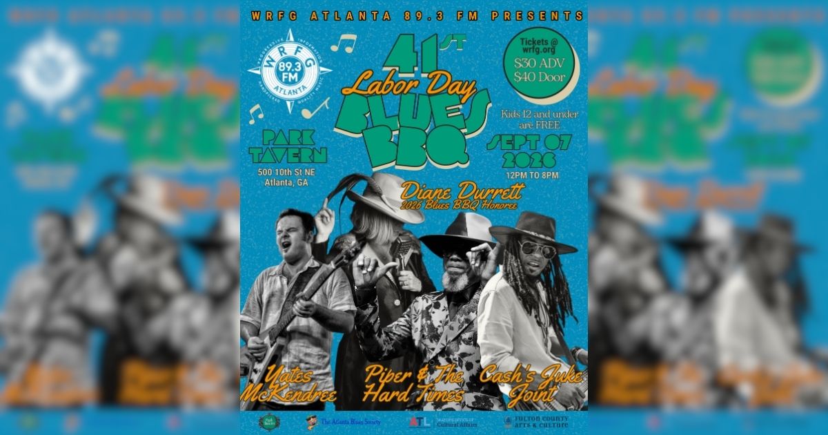Event poster for 41st Labor Day Blues BBQ at Park Tavern, Atlanta — Sept 7, 2020, 12–8 PM, featuring Diane Durrett and multiple bands; tickets $30–$40, kids under 12 free.
