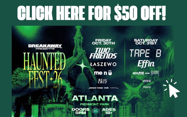 Promotional poster for Haunted Fest 26 in Atlanta with a green-tinted collage, listing acts and dates; top banner reads 'Click Here for $50 Off!' and a cursor icon on the right.